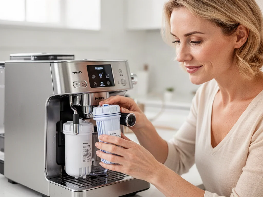 Kobieta montuje nowy filtr wody w ekspresie Philips LatteGo w nowoczesnej, jasnej kuchni.