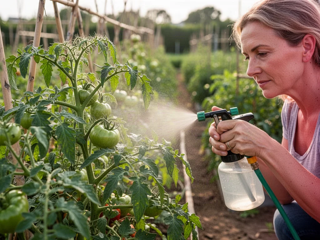 Kobieta spryskuje liście pomidorów preparatem z ręcznego opryskiwacza w słonecznym ogrodzie warzywnym.